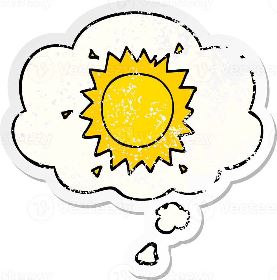 cartoon sun and thought bubble as a distressed worn sticker png