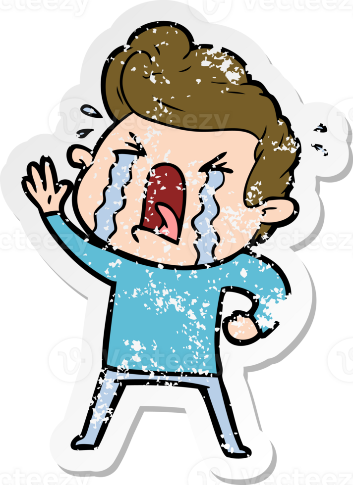 distressed sticker of a cartoon crying man png