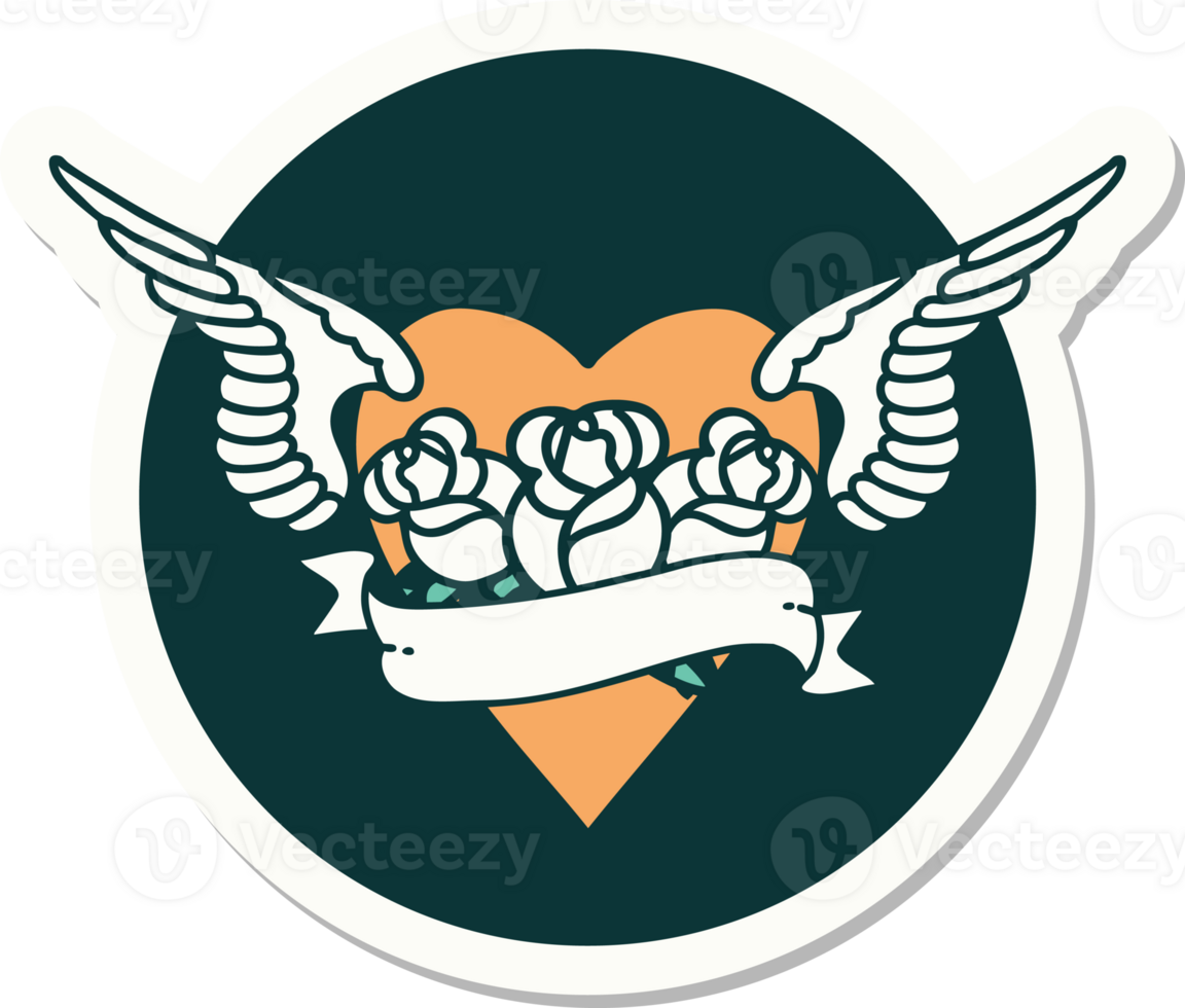 tattoo style sticker of a heart with wings flowers and banner png