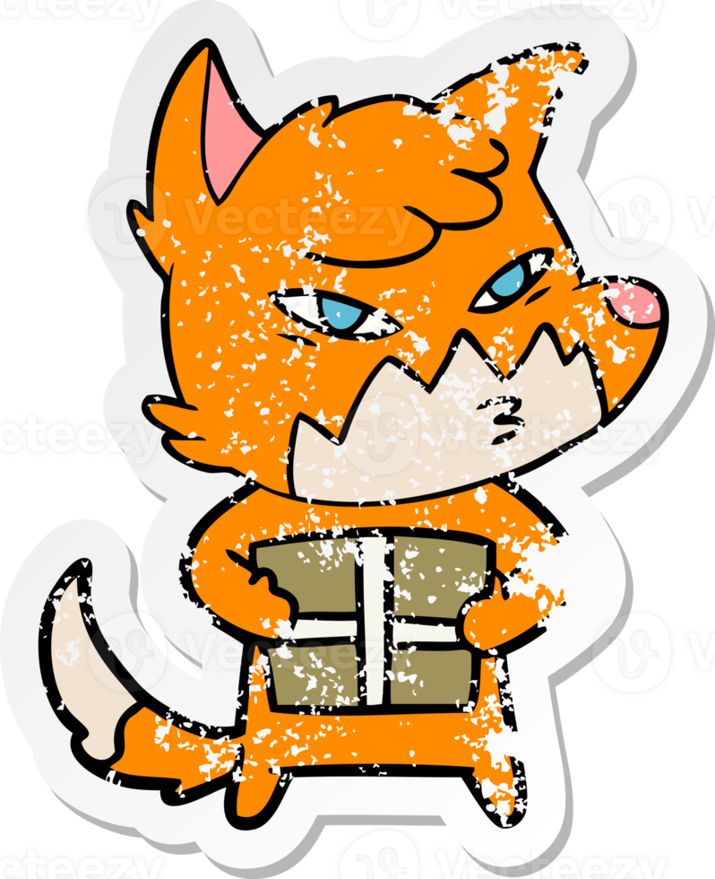 distressed sticker of a clever cartoon fox png