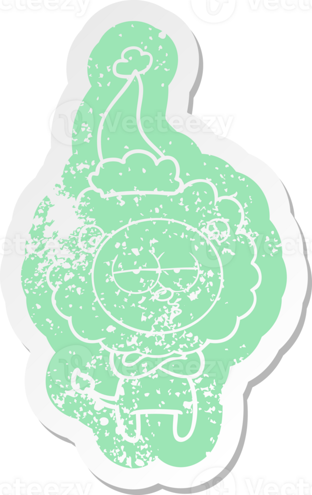 cartoon distressed sticker of a tired lion wearing santa hat png