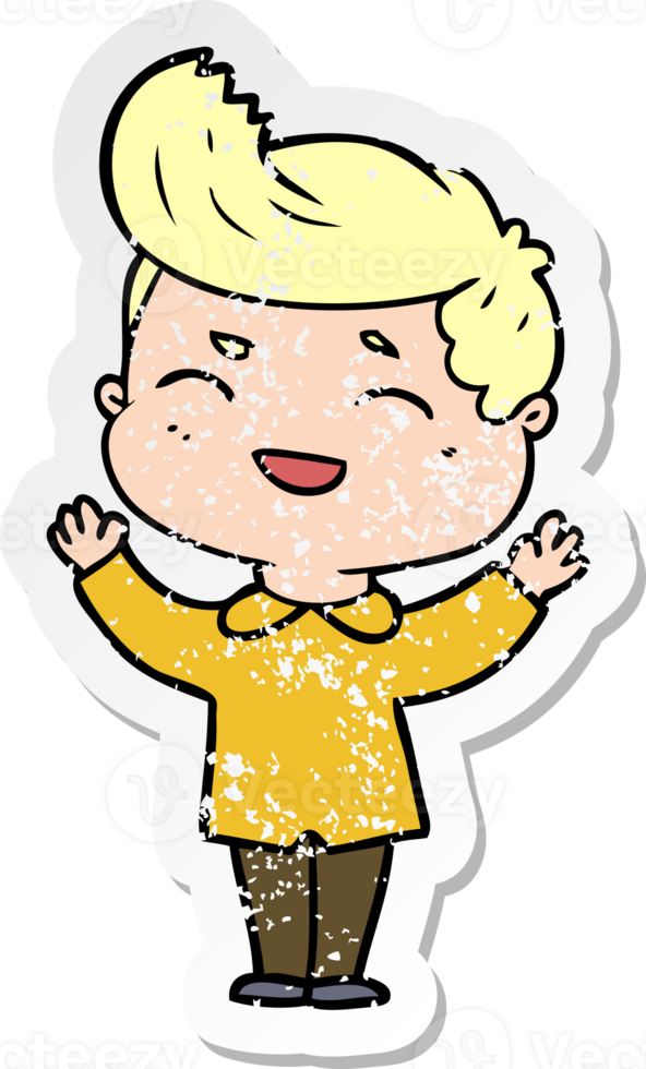 distressed sticker of a cartoon man laughing png