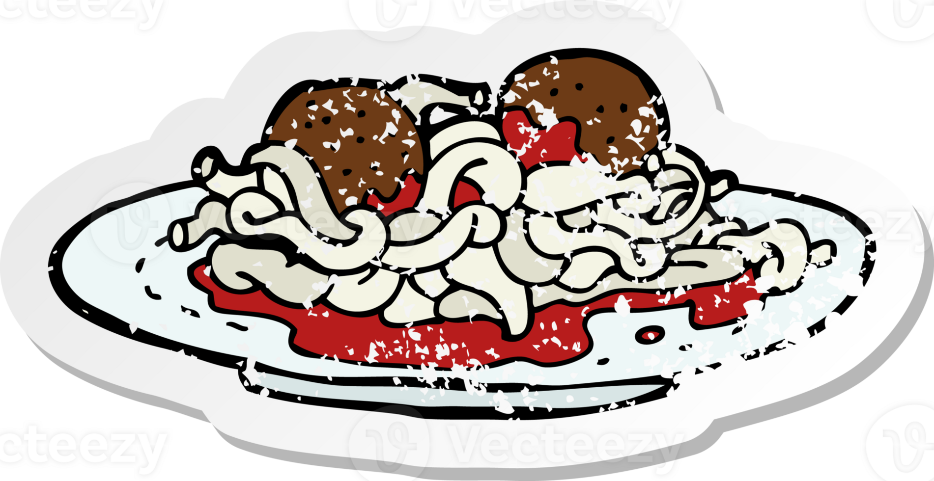 retro distressed sticker of a cartoon spaghetti and meatballs png