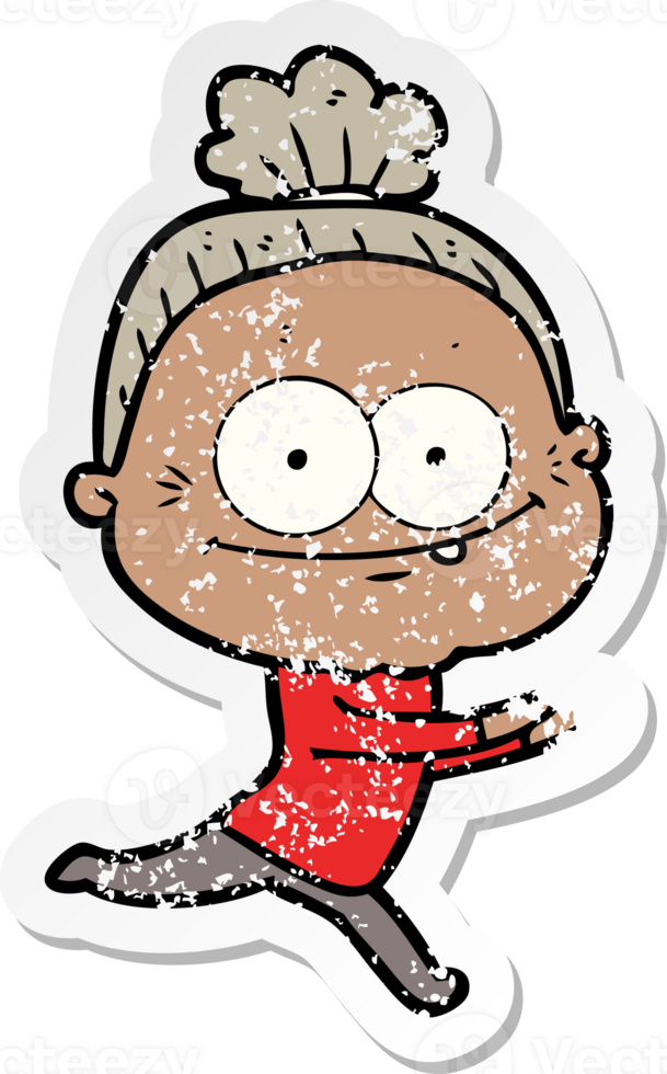 distressed sticker of a cartoon happy old woman png