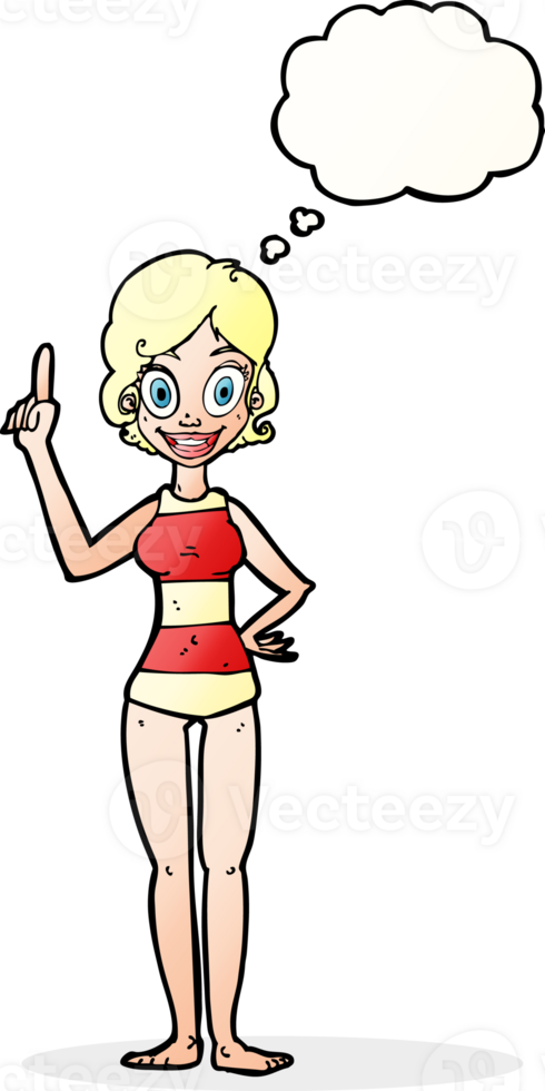 cartoon woman in striped swimsuit with thought bubble png