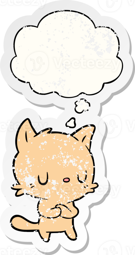 cartoon cat and thought bubble as a distressed worn sticker png
