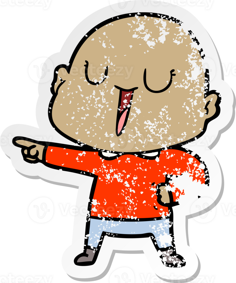 distressed sticker of a happy cartoon bald man png