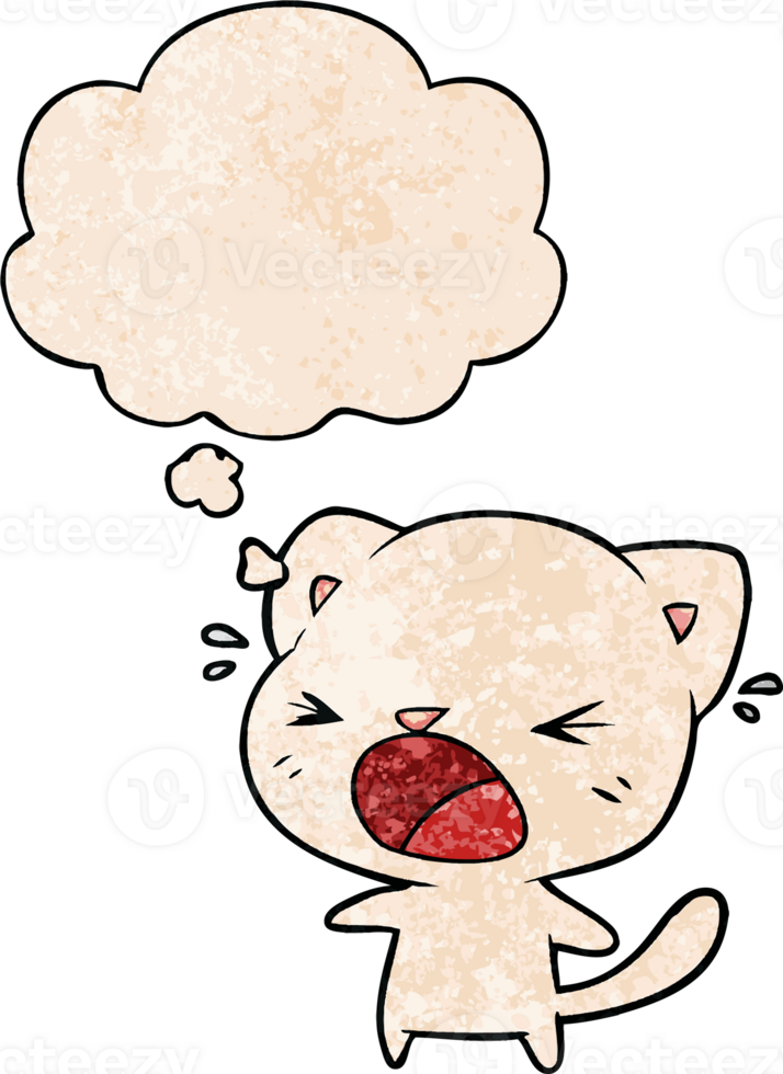 cartoon cat crying and thought bubble in grunge texture pattern style png