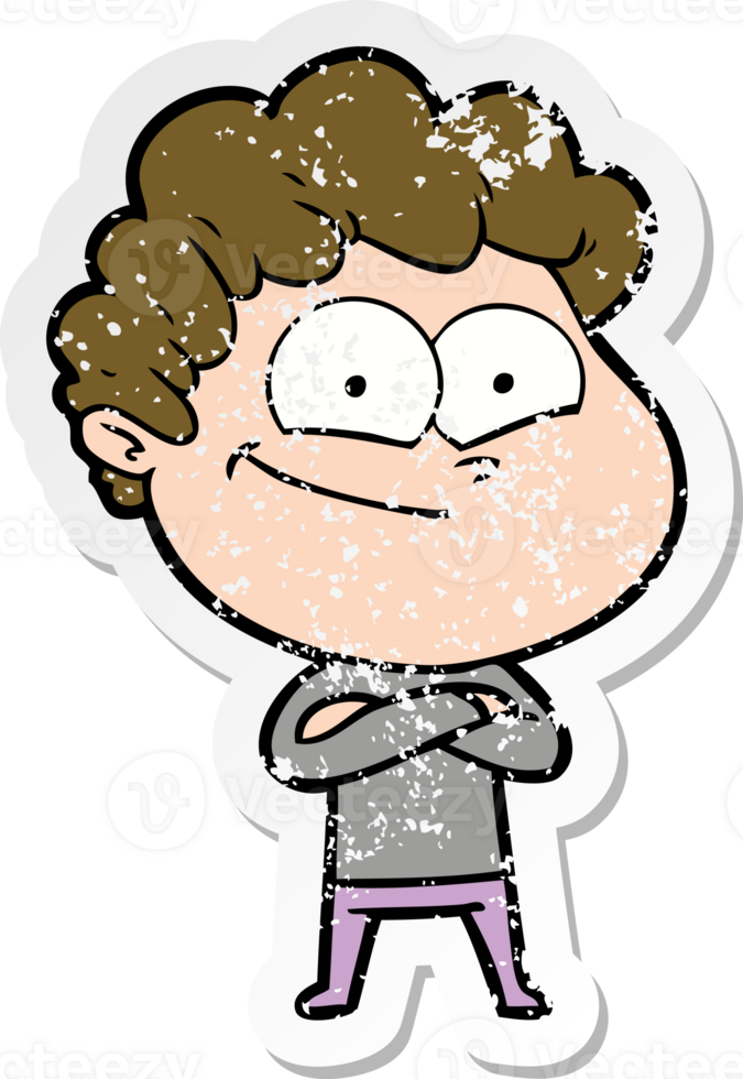 distressed sticker of a cartoon happy man png