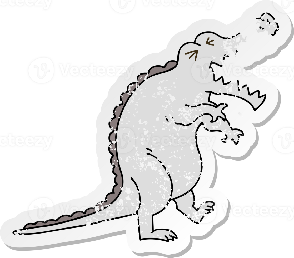 distressed sticker of a quirky hand drawn cartoon crocodile png