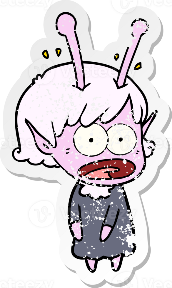distressed sticker of a cartoon shocked alien girl png