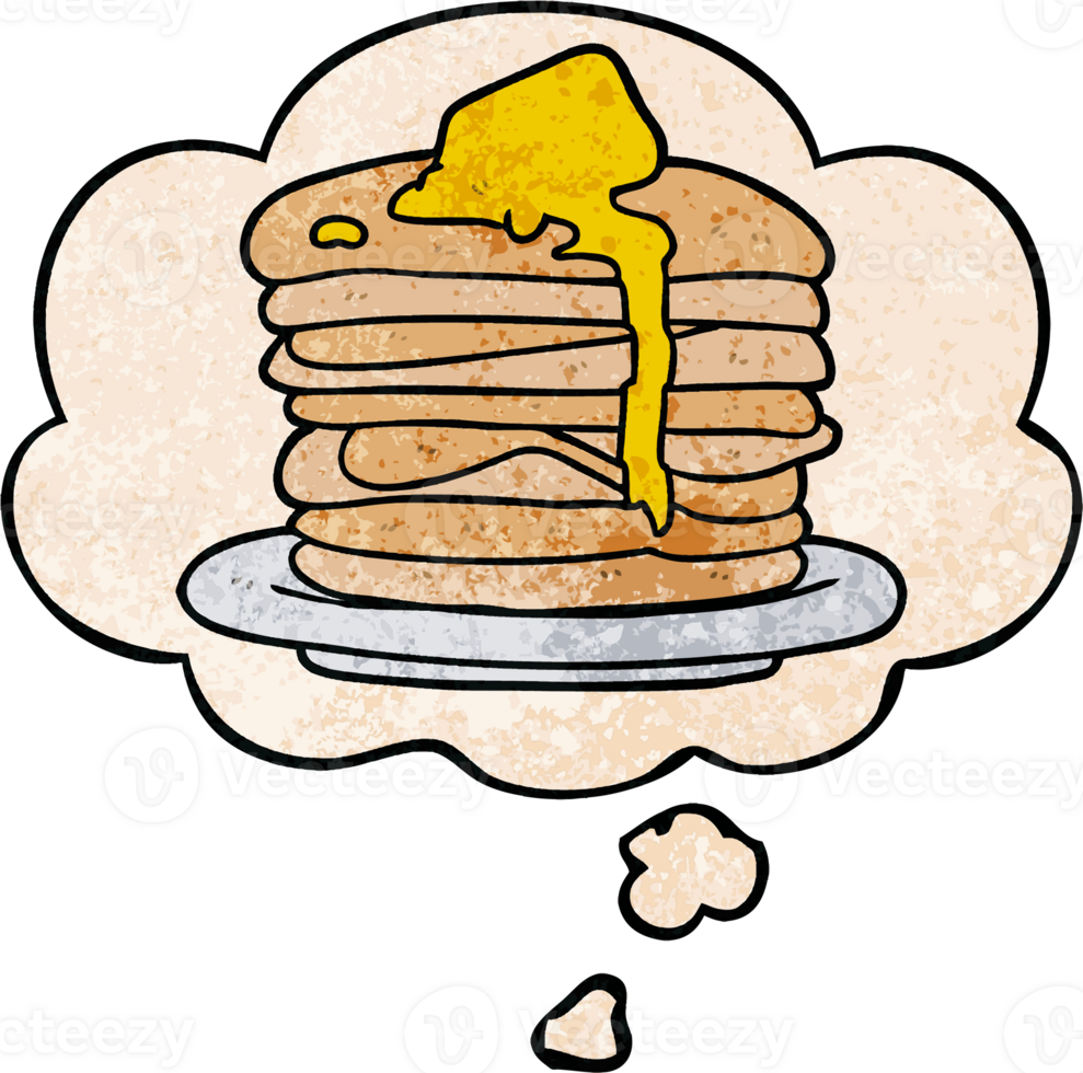 cartoon stack of pancakes and thought bubble in grunge texture pattern style png