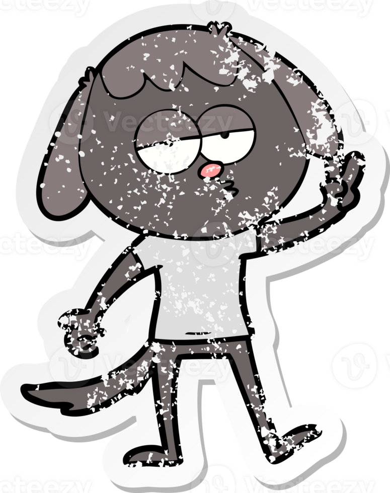 distressed sticker of a cartoon tired dog giving peace sign png