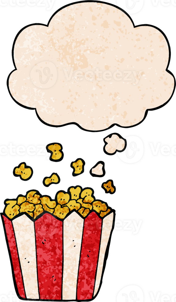 cartoon popcorn with thought bubble in grunge texture style png