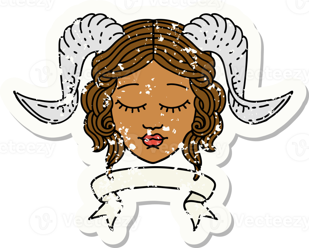 Retro Tattoo Style tiefling character face with scroll banner png