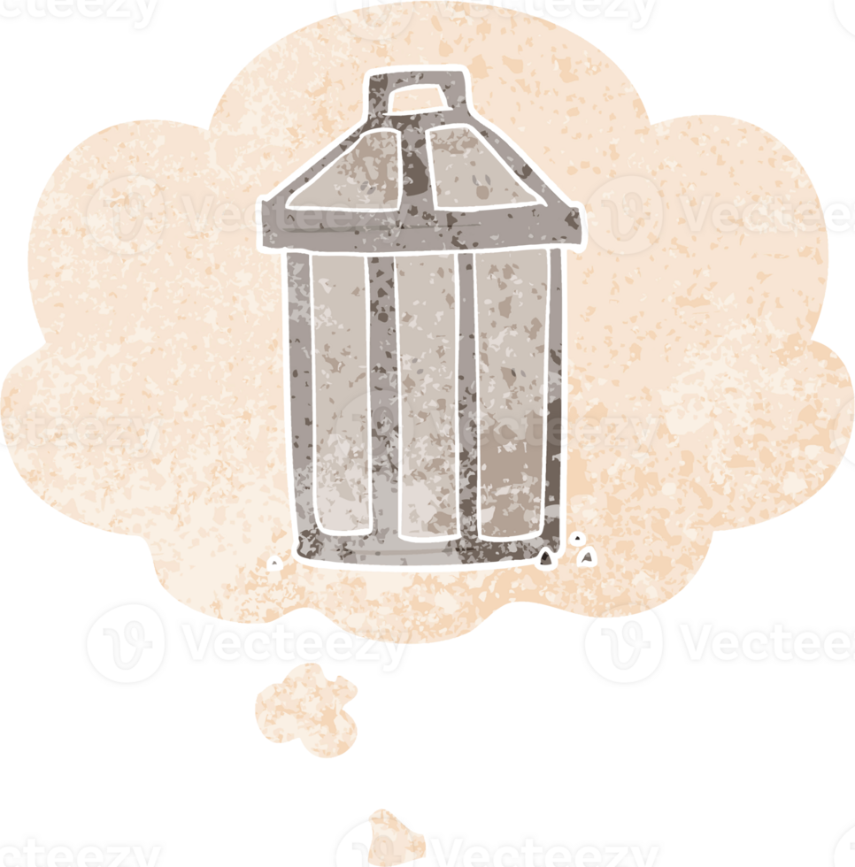 cartoon garbage can and thought bubble in retro textured style png