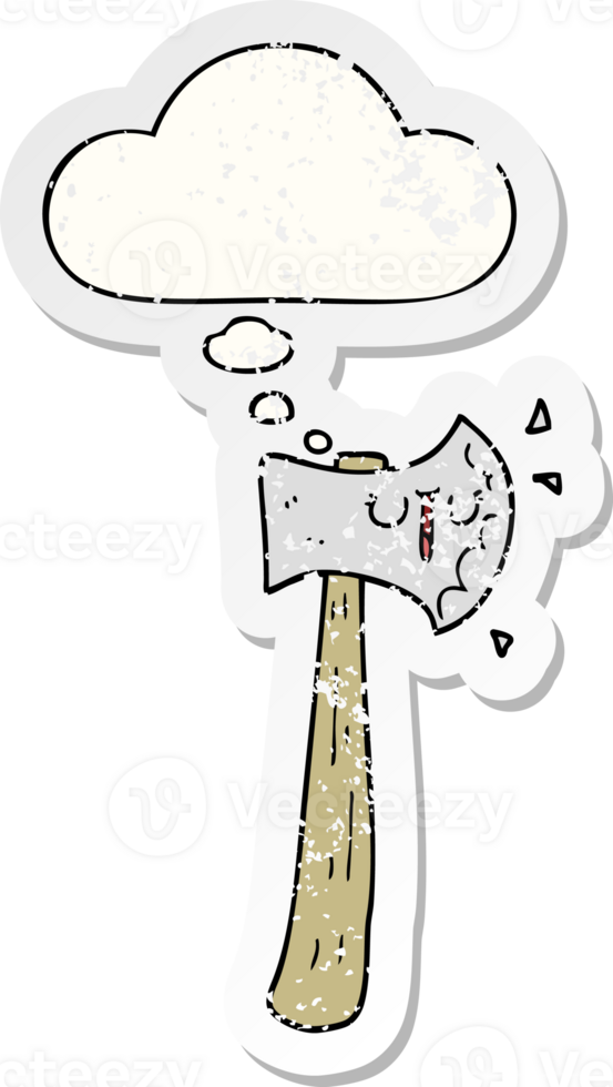 cartoon axe with thought bubble as a distressed worn sticker png