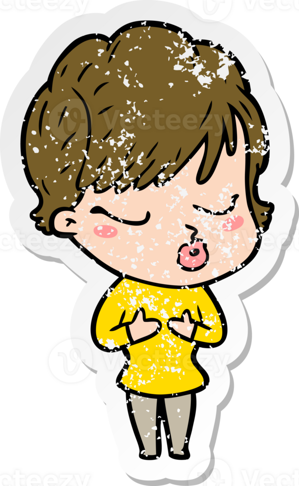 distressed sticker of a cartoon woman with eyes shut png