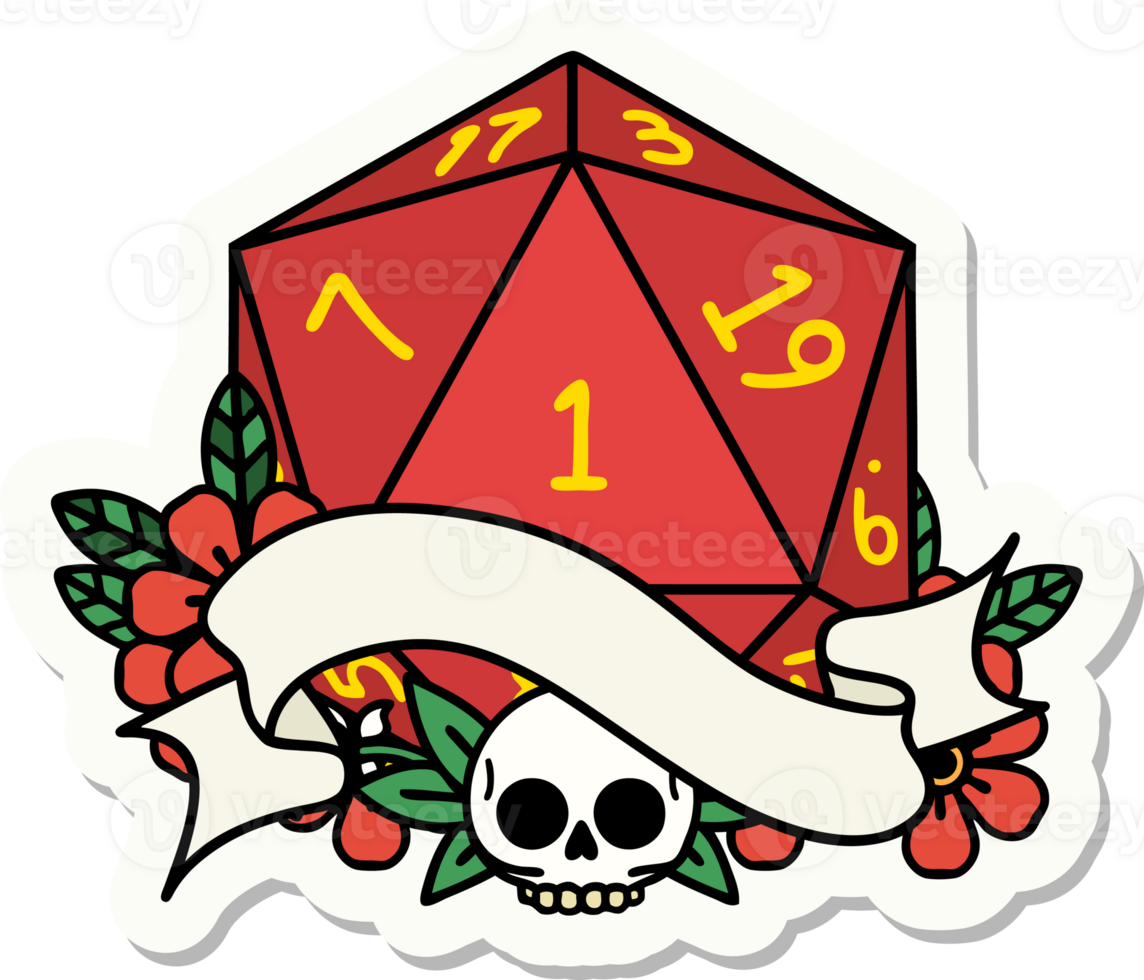 sticker of a natural one d20 dice roll png