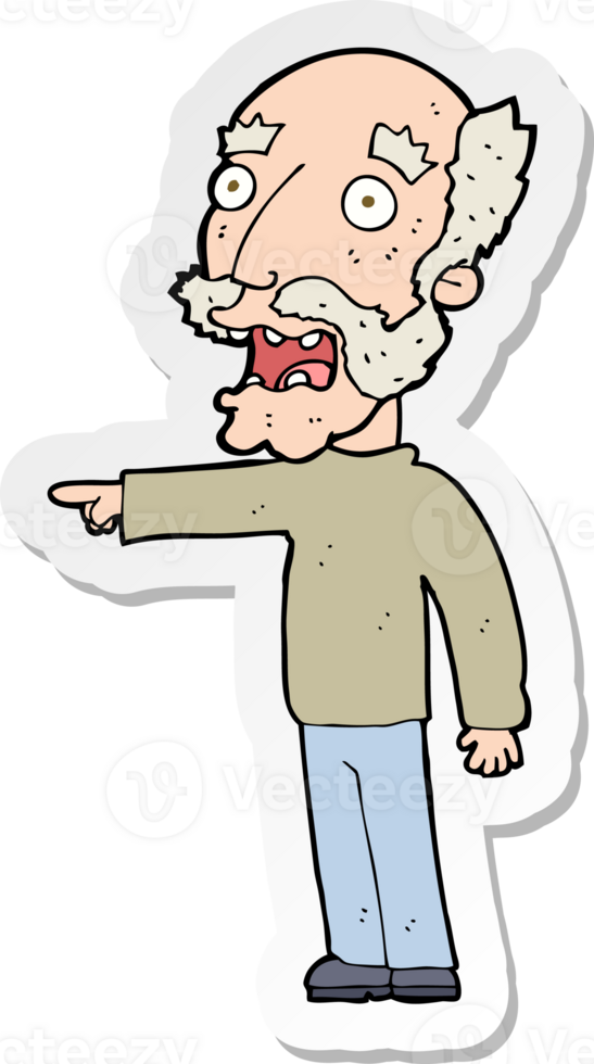 sticker of a cartoon scared old man pointing png
