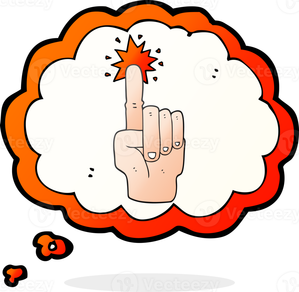hand drawn thought bubble cartoon pointing hand png