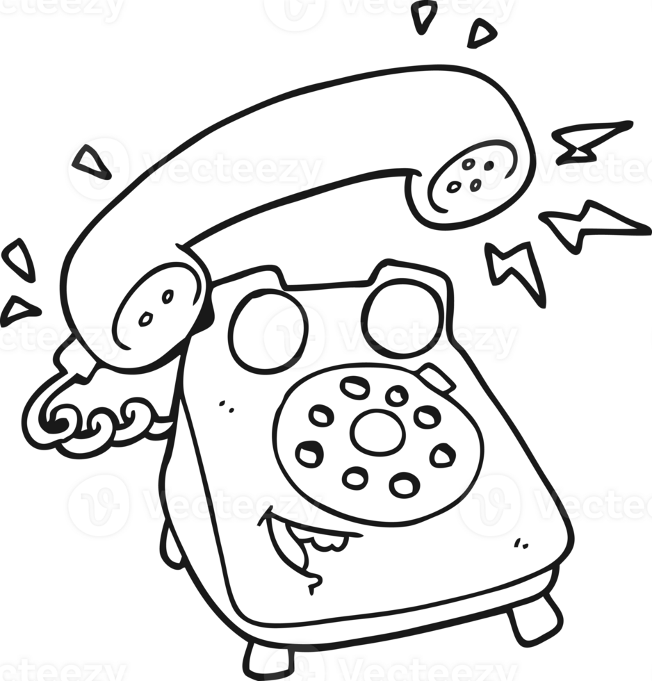 hand drawn black and white cartoon ringing telephone png