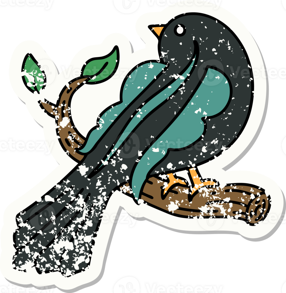 distressed sticker tattoo in traditional style of a bird on a branch png