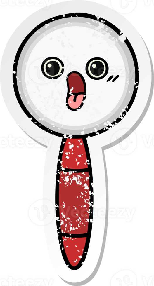 distressed sticker of a cute cartoon magnifying glass png