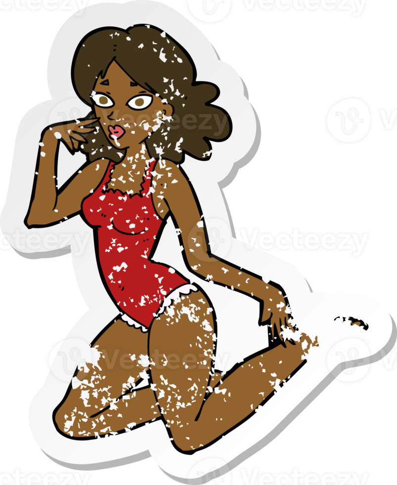 retro distressed sticker of a cartoon woman in lingerie png