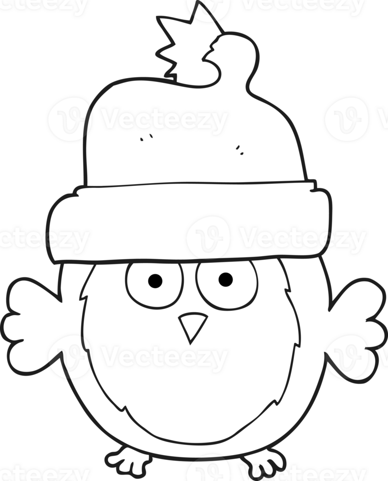 hand drawn black and white cartoon owl wearing christmas hat png