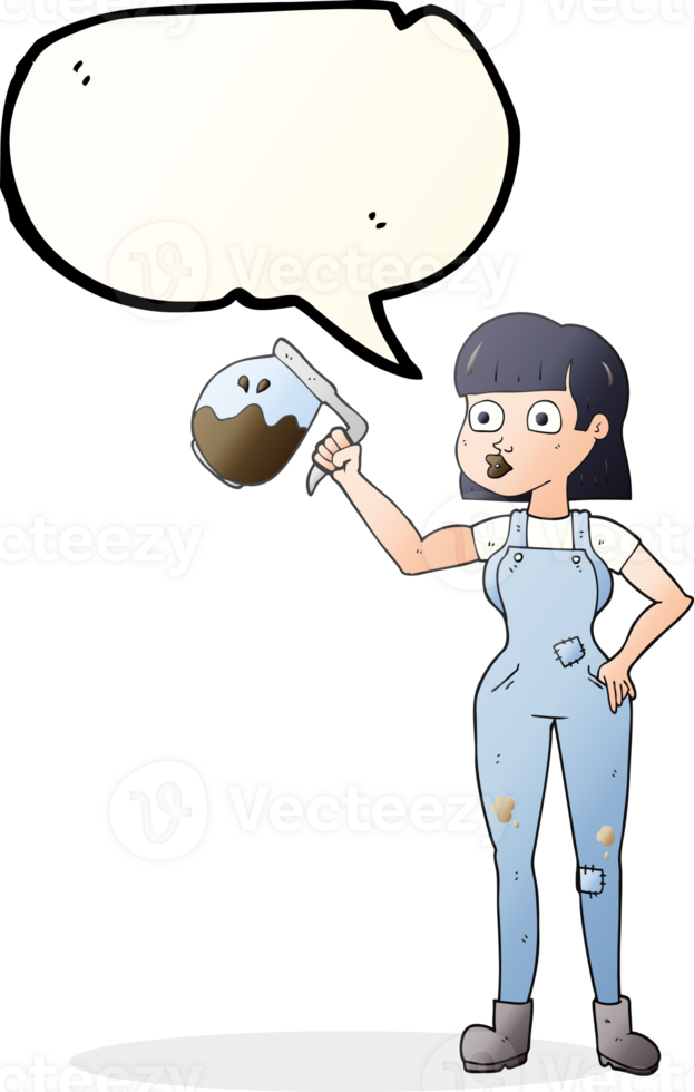 hand drawn speech bubble cartoon woman in dungarees with coffee png