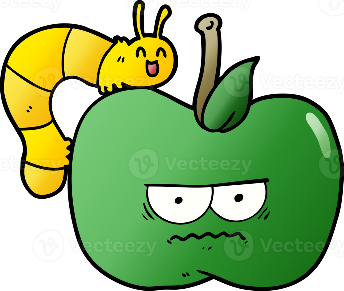 cartoon grumpy apple and caterpillar png