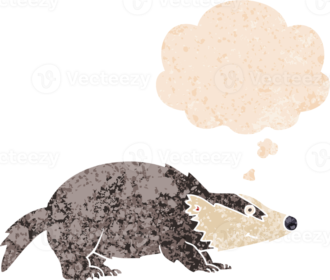 cartoon badger with thought bubble in grunge distressed retro textured style png