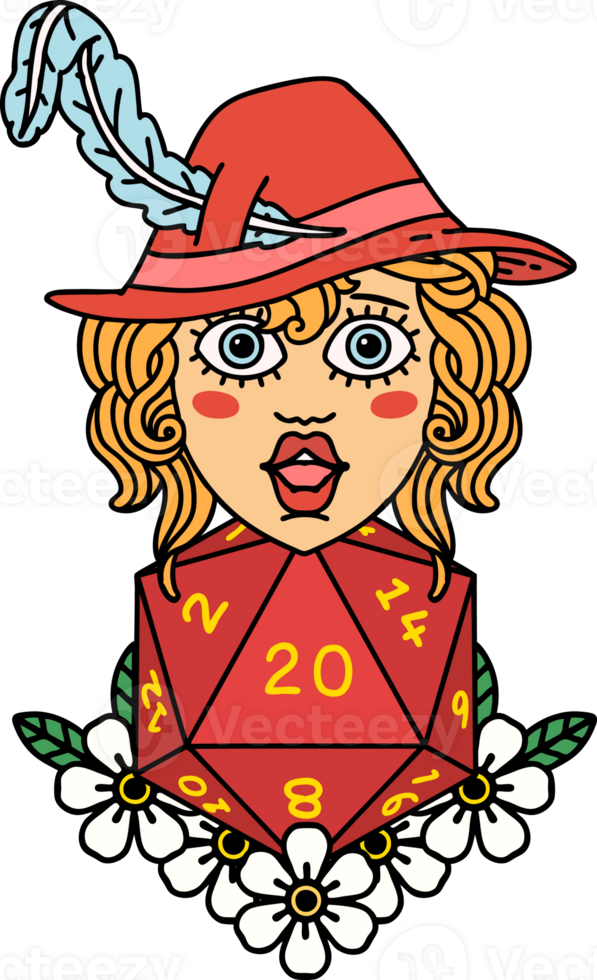 Retro Tattoo Style human bard with natural 20 dice roll png