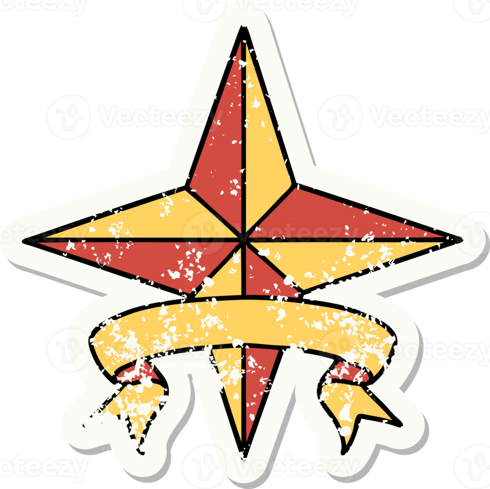 worn old sticker with banner of a star png