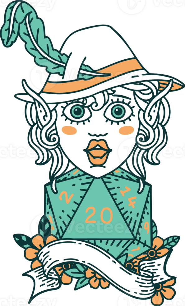 Retro Tattoo Style elf bard with natural twenty dice roll png