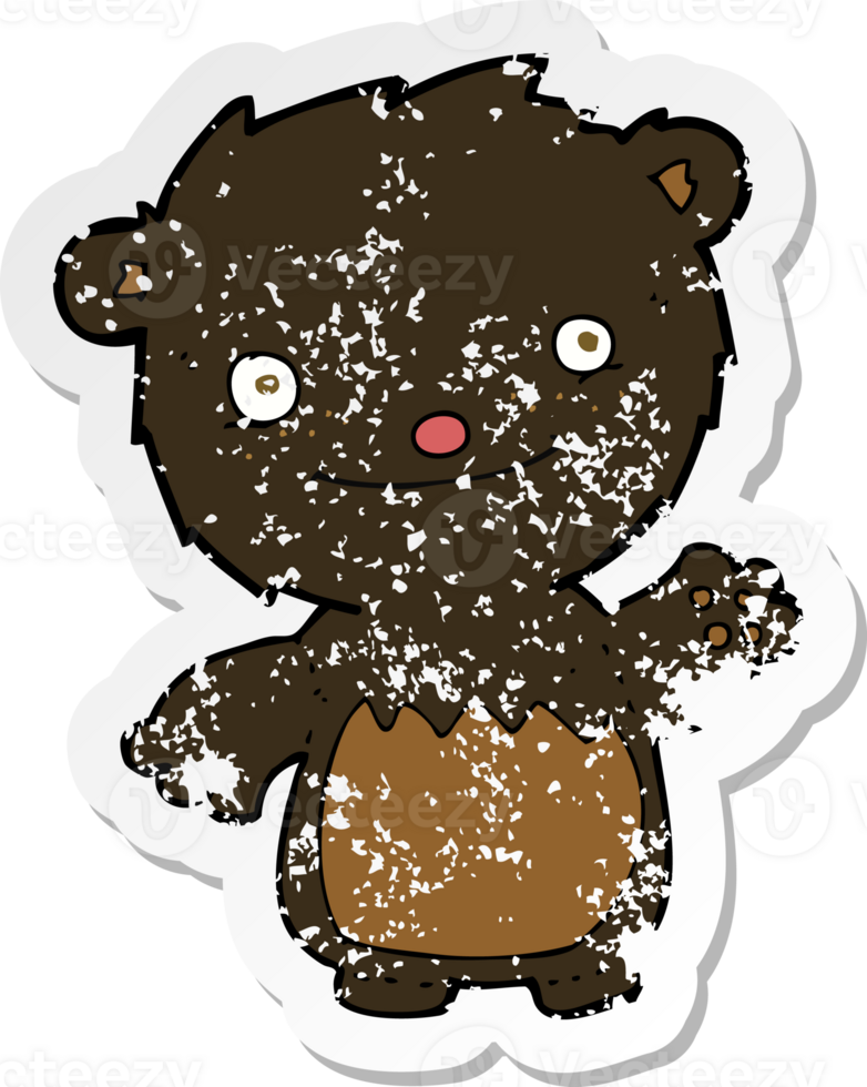 retro distressed sticker of a cartoon waving black bear cub png
