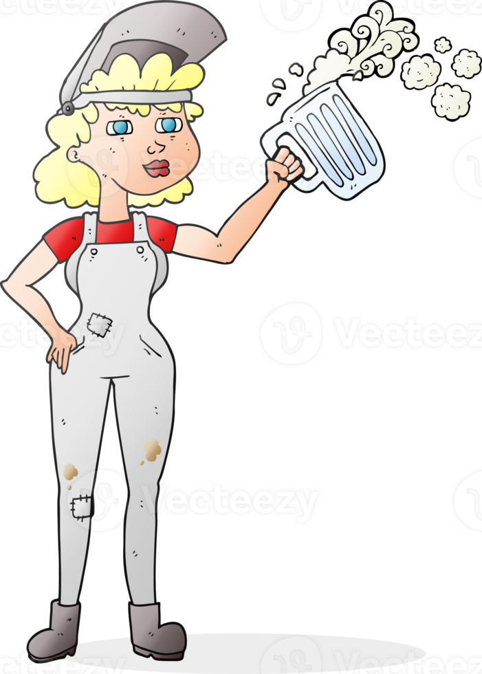 hand drawn cartoon hard working woman with beer png