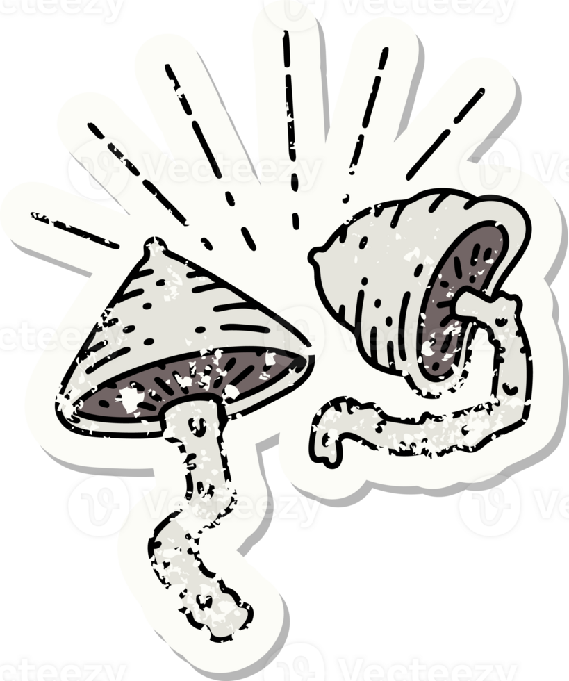 worn old sticker of a tattoo style mushrooms png