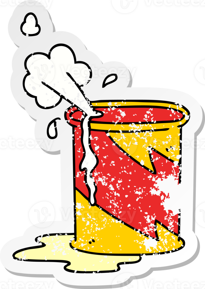 distressed sticker of a quirky hand drawn cartoon exploding oil can png