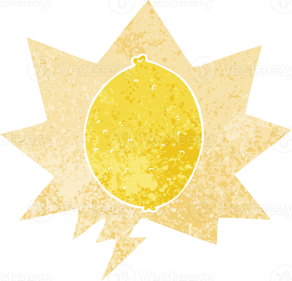 cartoon lemon with speech bubble in grunge distressed retro textured style png