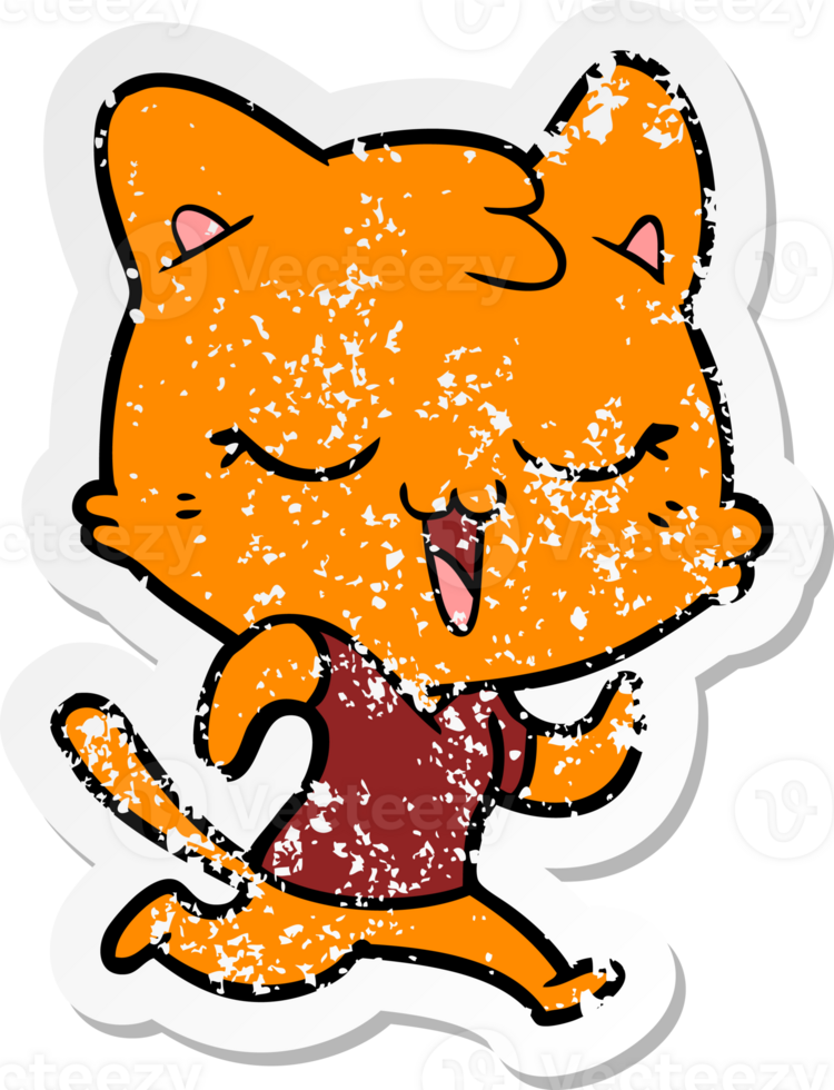 distressed sticker of a happy cartoon cat png
