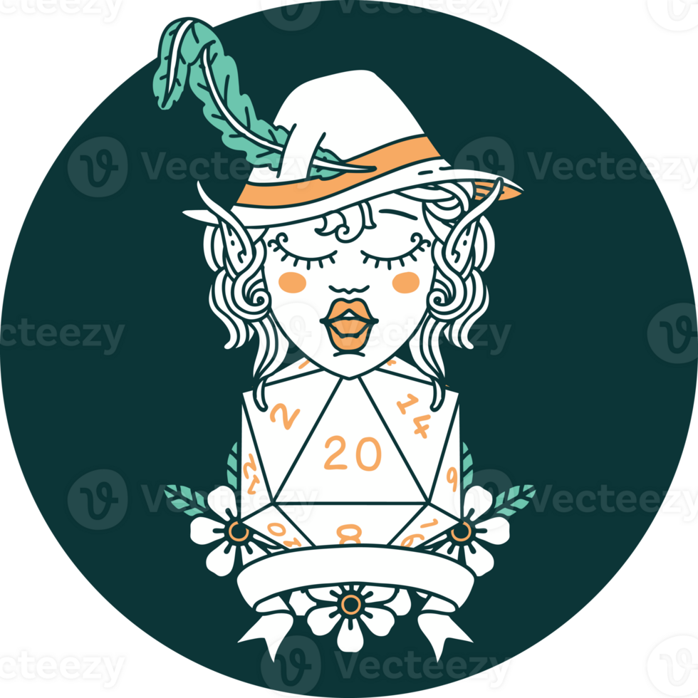icon of elf bard with natural twenty dice roll png