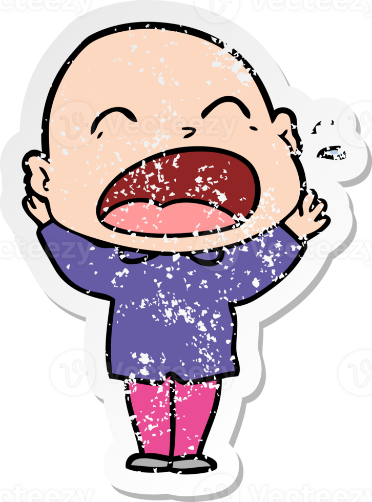 distressed sticker of a cartoon shouting bald man png