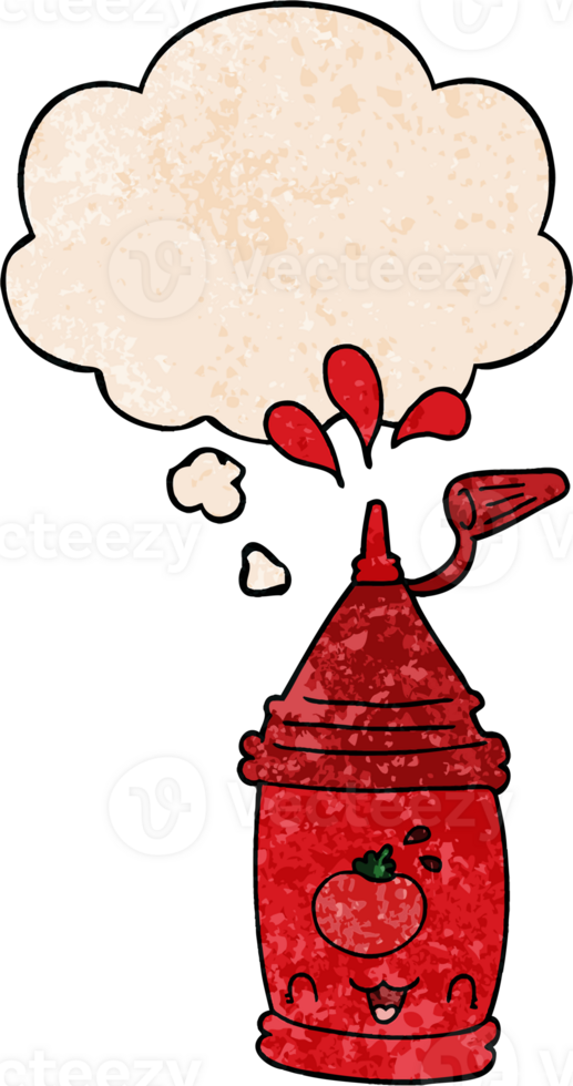 cartoon ketchup bottle with thought bubble in grunge texture style png