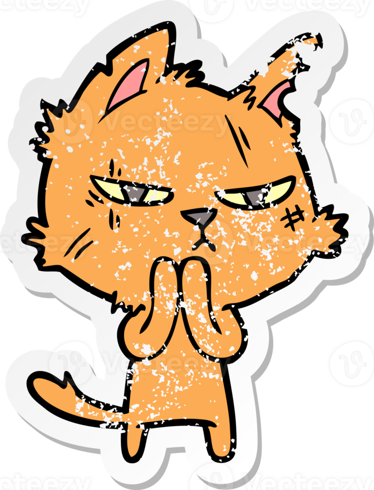 distressed sticker of a tough cartoon cat png