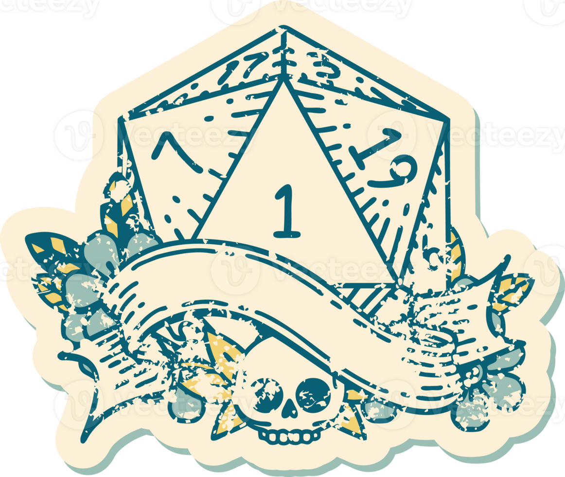 Retro Tattoo Style natural one d20 dice roll png