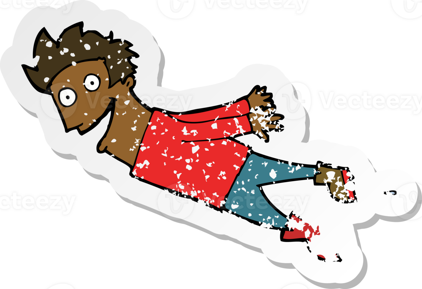 retro distressed sticker of a cartoon drenched man flying png