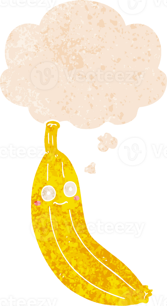 cartoon banana with thought bubble in grunge distressed retro textured style png