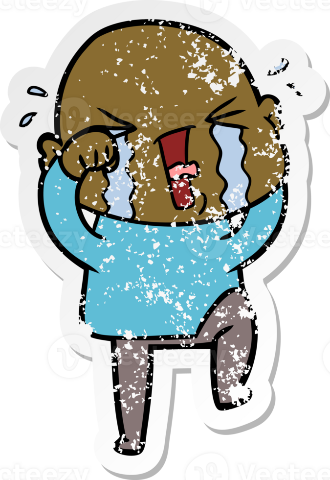 distressed sticker of a cartoon crying bald man png